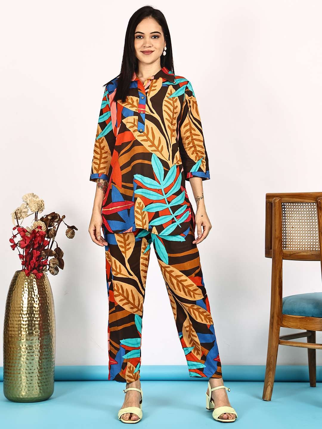Women's Pure Cotton Printed Collared Top and Pant Co-ord Set (Multti Color1) - Image 8