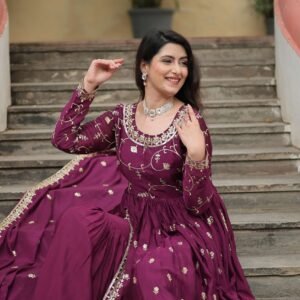 Wine Premium Chinon Sequins Embroidered Kurti with Sharara & Dupatta Set