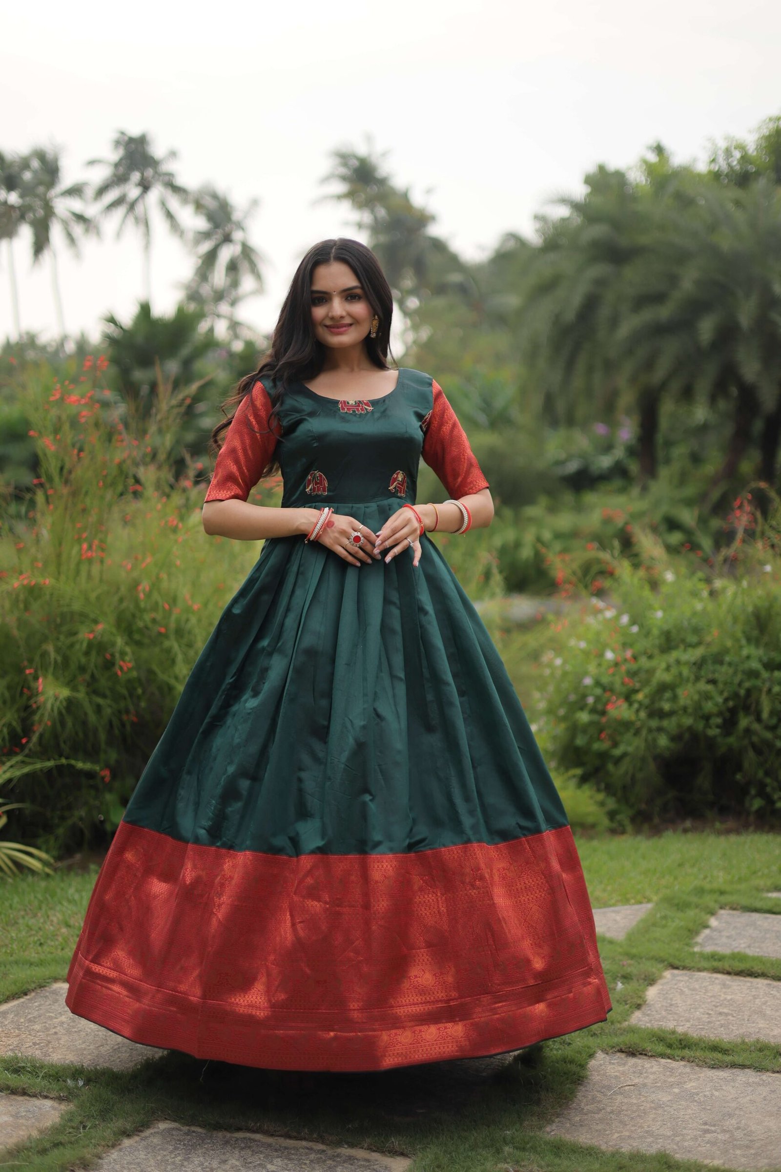 Green Banarasi Jacquard Silk Gown ? Elegant Free-Size Designer Party & Wedding Wear - Image 5