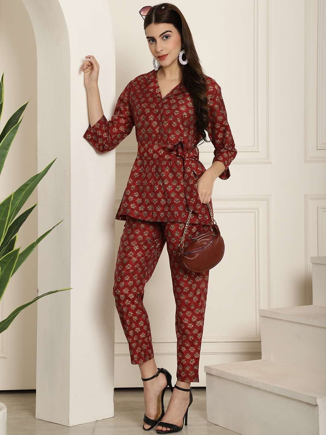 Women's Pure Cotton Printed Collared Top and Pant Co-ord Set (Maroon) - Image 4