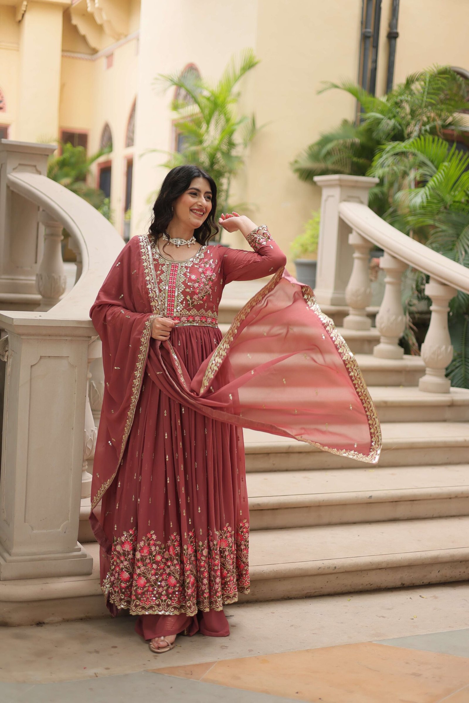 Coffee Faux Georgette Sequins Embroidered Kurti with Sharara & Dupatta Set - Image 6