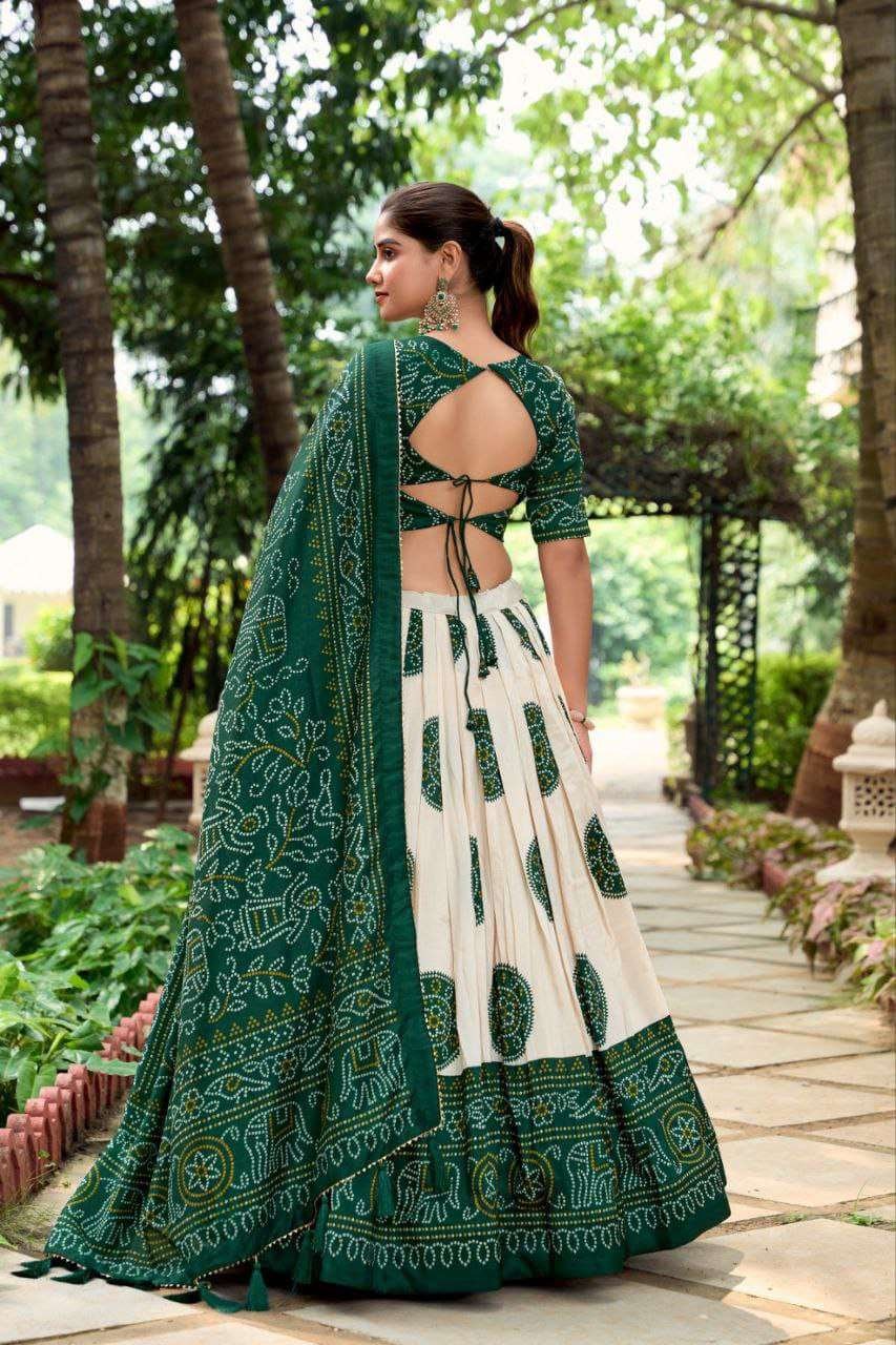 White Dola Silk Lehenga Choli with Forest Green Blouse | Bandhej & Patola Print | Wedding & Festive Wear - Image 2