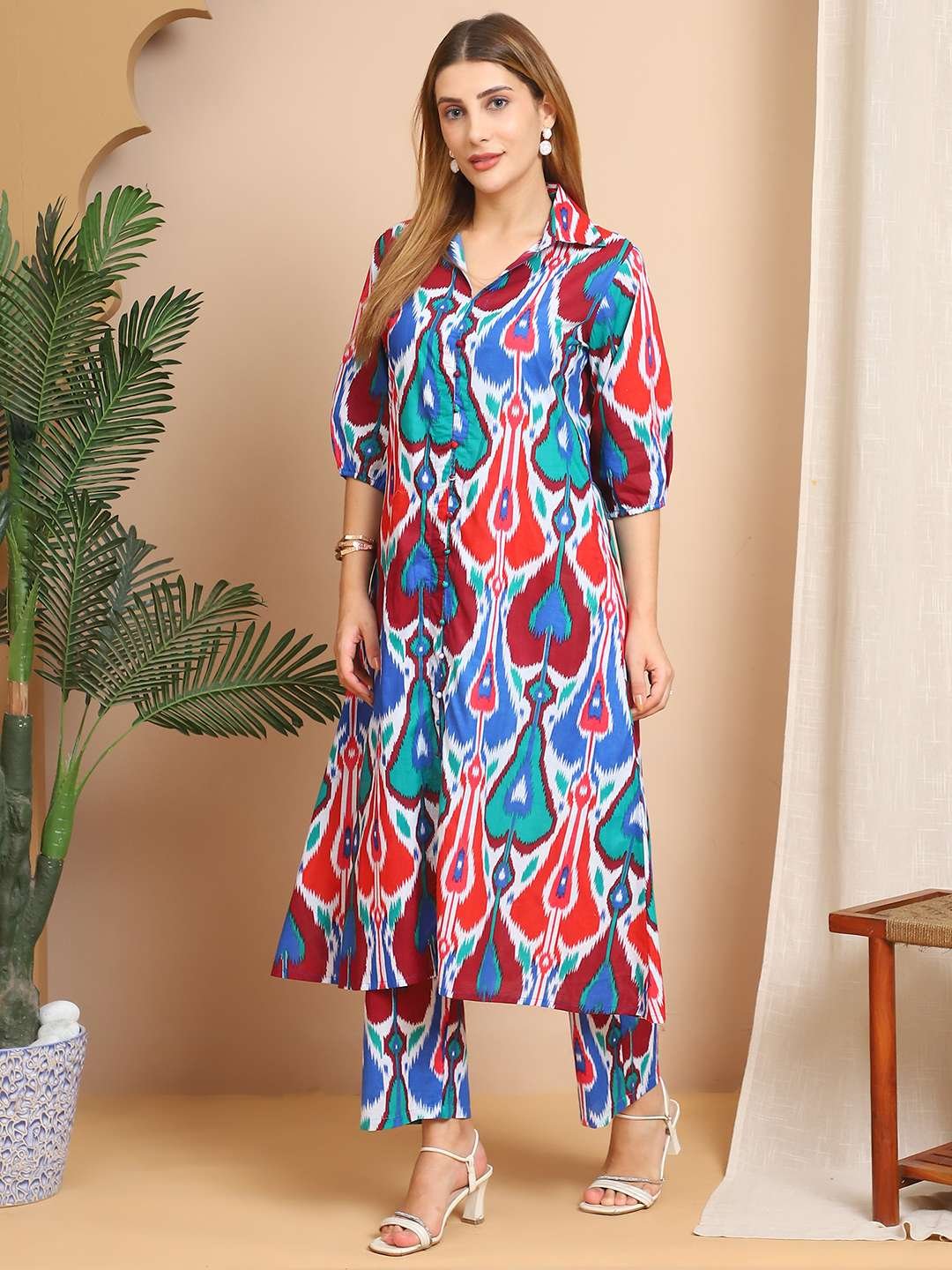 Women's Pure Cotton Printed Collared Top and Pant Co-ord Set (Multti Color5)