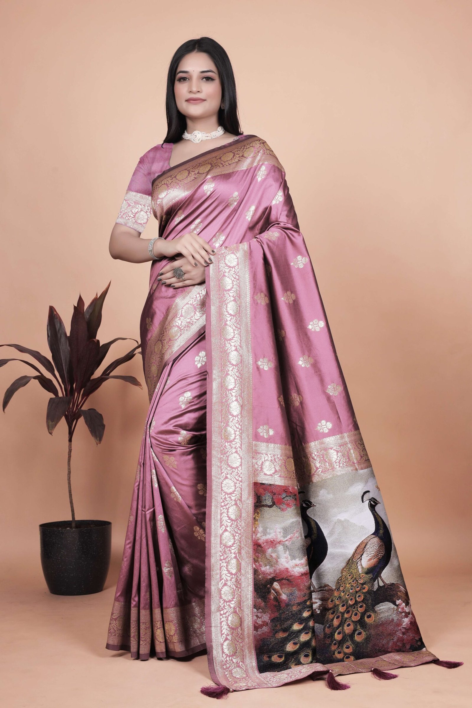 Rosewood Pink Banarasi Silk Saree with Golden Zari & Peacock Pallu | Wedding, Festive & Traditional Wear - Image 6