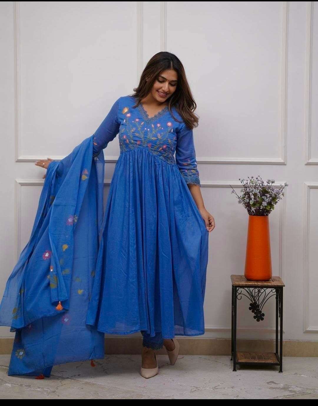 Women's Cotton Embroidered Long Anarkali Kurti With Pant and Dupatta Set - Image 2