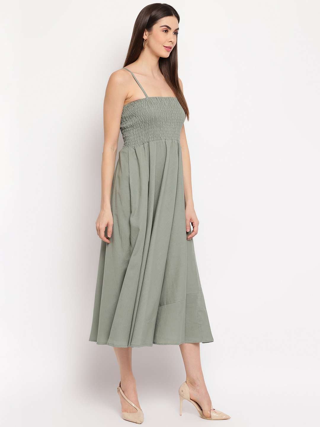 Women's Viscose Rayon Solid Shoulder Straps Sleeveless Flared Gown Drees (Pista) - Image 3