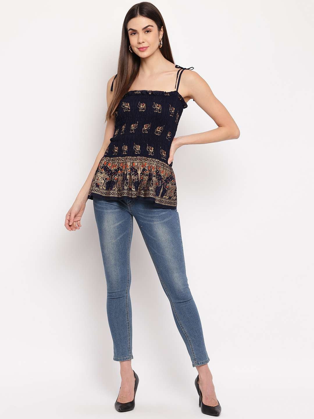 Women's Rayon Elephant Print Casual Summer Style Tie Shoulder Straps Free Size Tank Top ( Navy Blue1 Gold Pattern) - Image 4