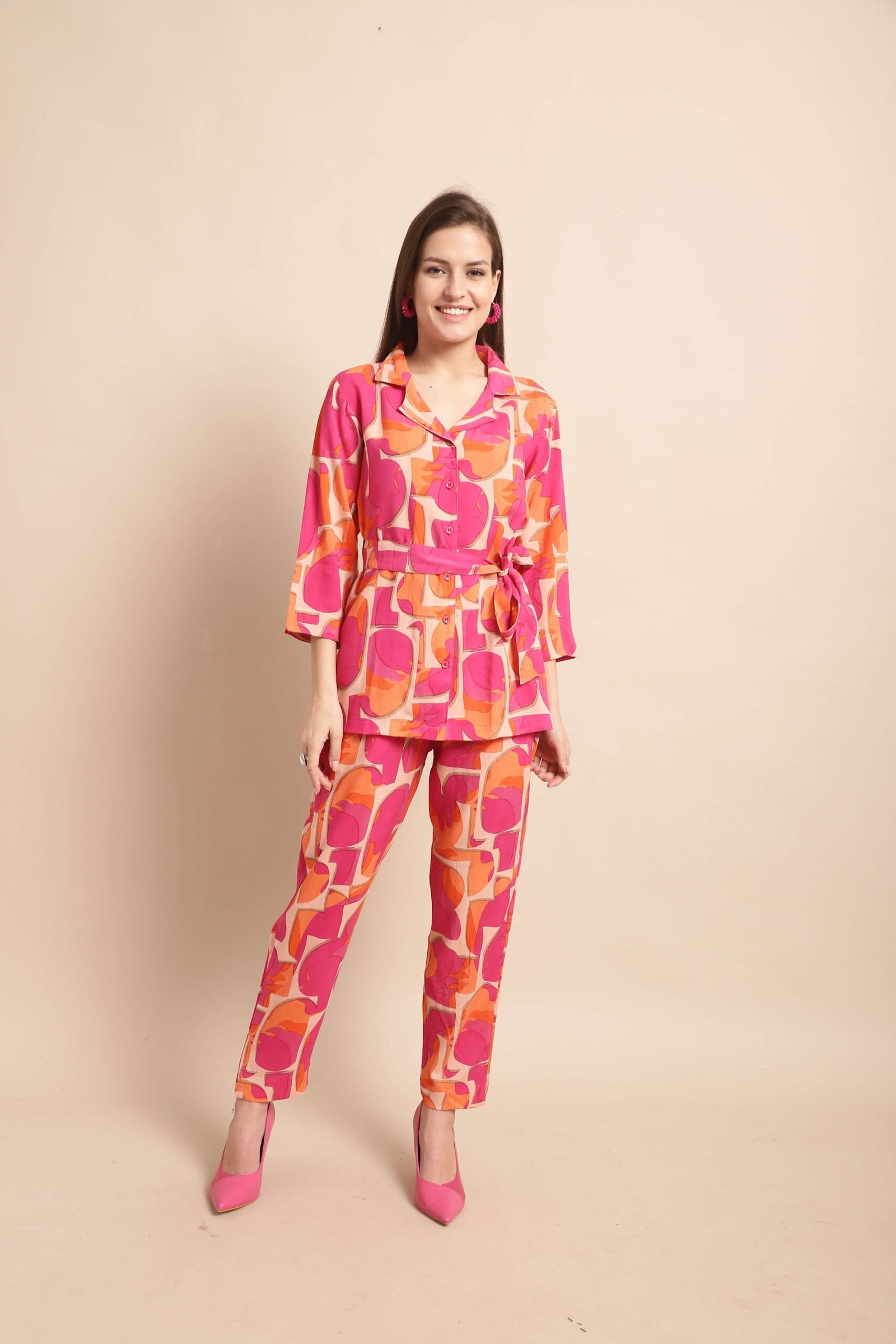 Women's Pure Cotton Printed Collared Top and Pant Co-ord Set (Pink)