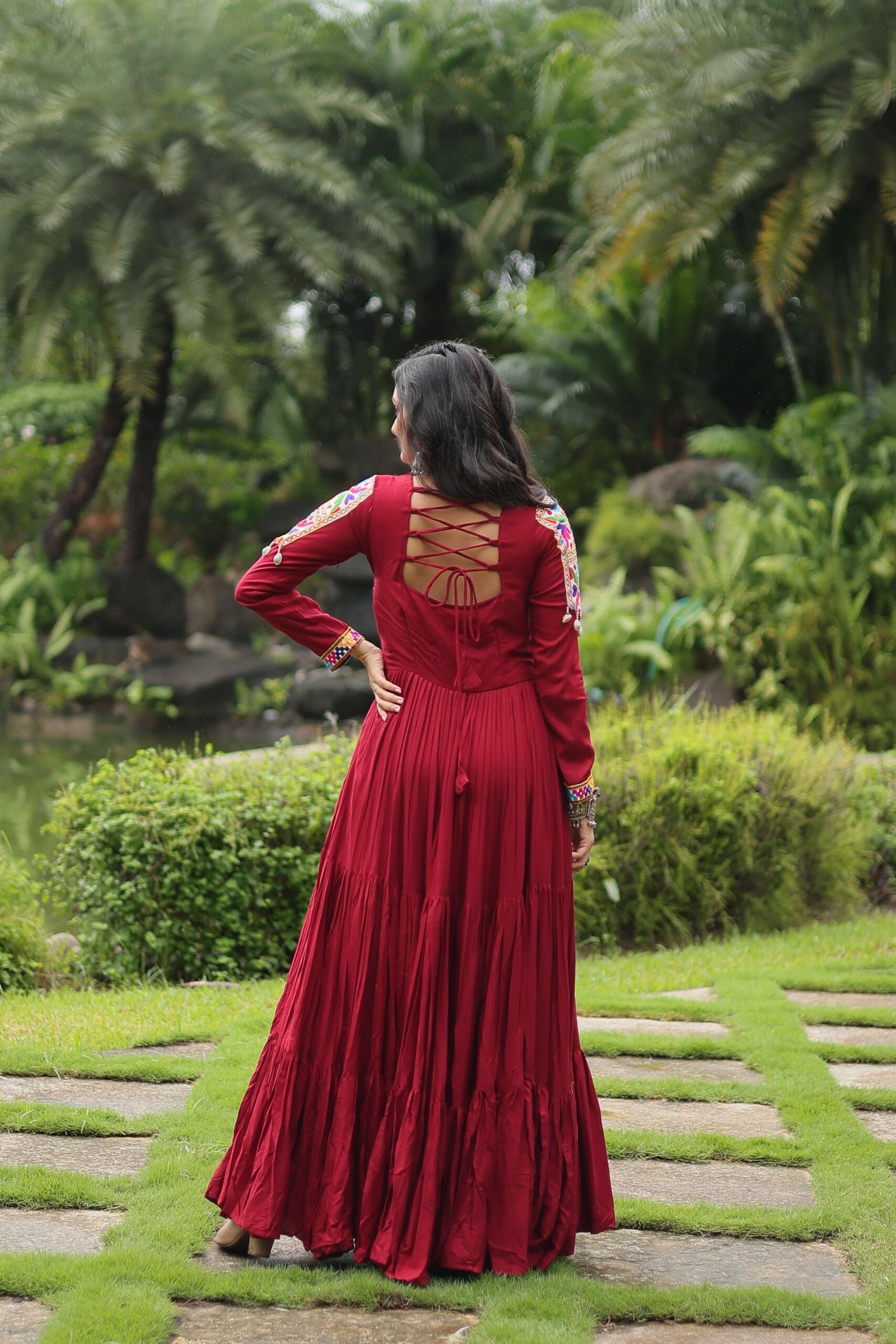 Maroon Reyon Partywear Gown with Kutchi Gamthi Work - Image 3
