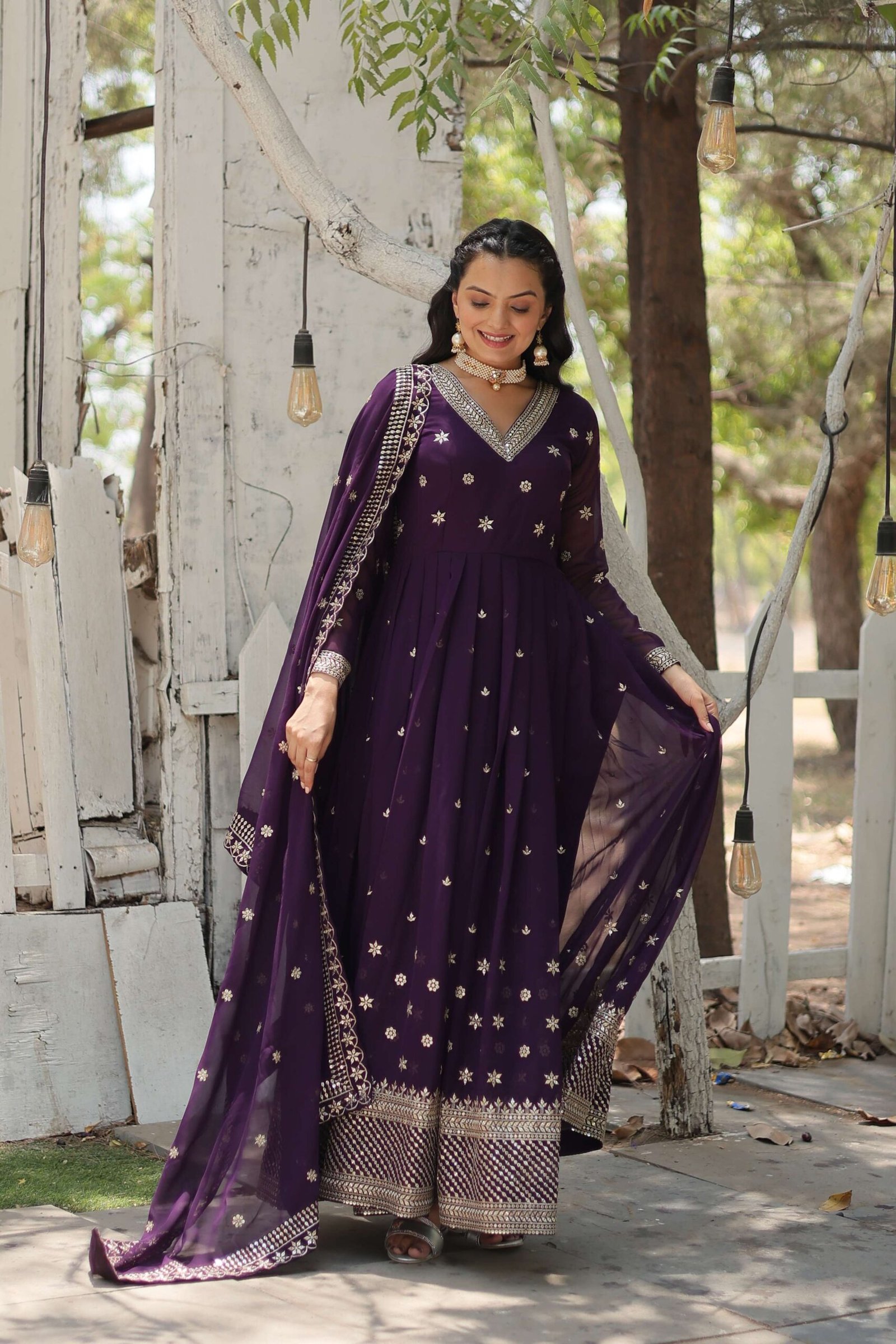 Purple Designer Faux Blooming Anarkali Gown with Sequins Embroidered Dupatta ? Wedding & Festive Wear - Image 5