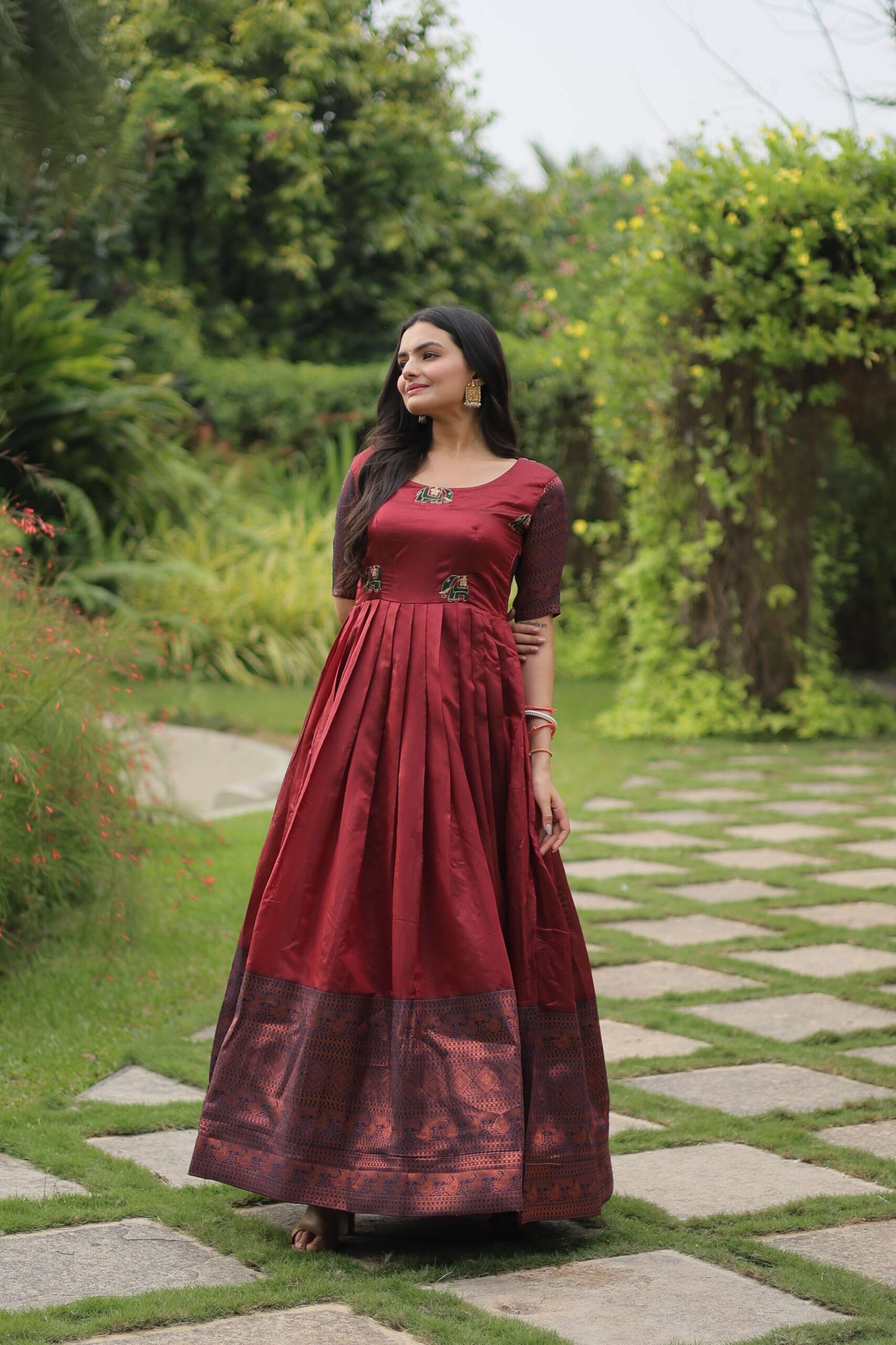 Maroon Banarasi Jacquard Silk Gown ? Elegant Free-Size Designer Party & Wedding Wear - Image 8