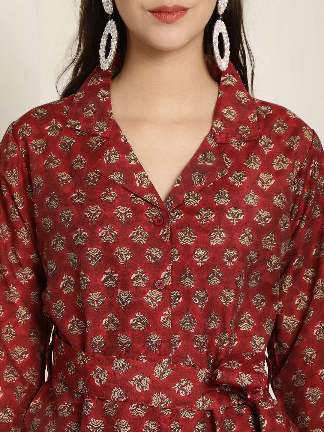 Women's Pure Cotton Printed Collared Top and Pant Co-ord Set (Maroon) - Image 6