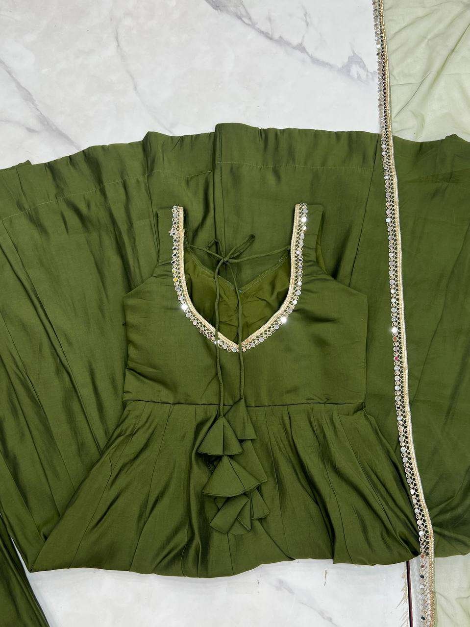 Womens Pure Romansilk Chanderi Anarkali Kurti with Pant & Dupatta Set - Image 5