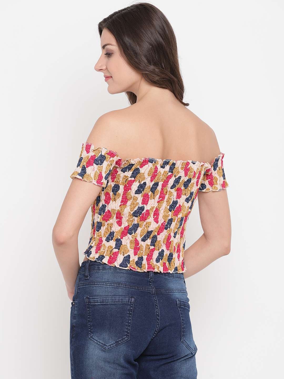 Women's Rayon Printed Off-Shoulder Smocked Crop Top Short Sleeve Casual Styles Tank Top (FREE SIZE) Multi32 - Image 3